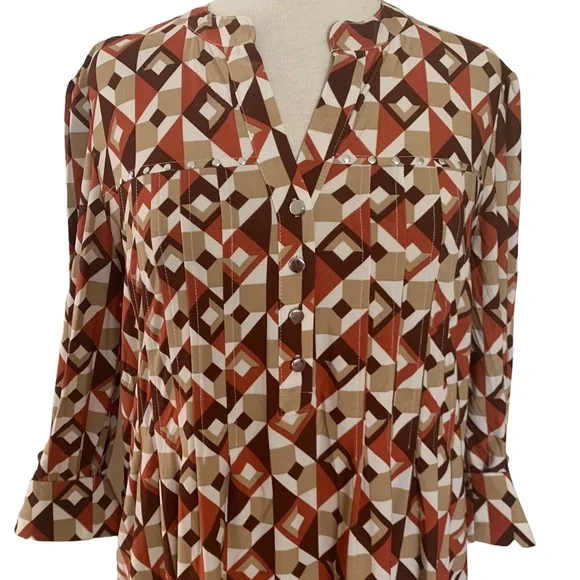 COCOMO Medium Brown Orange White 3/4 sleeve women's Pintuck Blouse top shirt - Picture 7 of 16